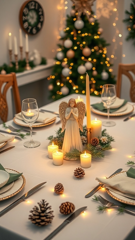 Elegant Christmas Angel Table Decorations Christmas table decorated with angel figurines, candles, and natural elements, creating a festive ambiance.